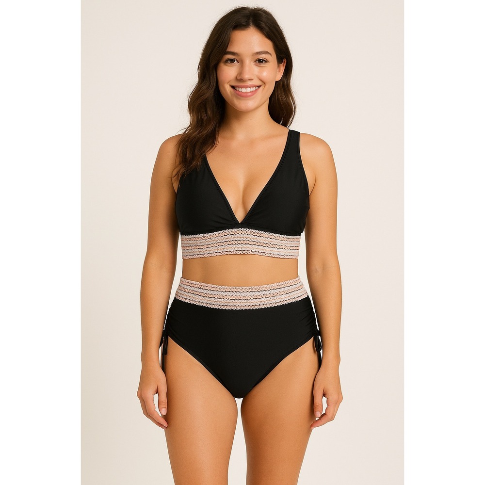NWT Blooming Jelly Womens Bikini Set Size L Black Knit High Waist Beach Swimwear